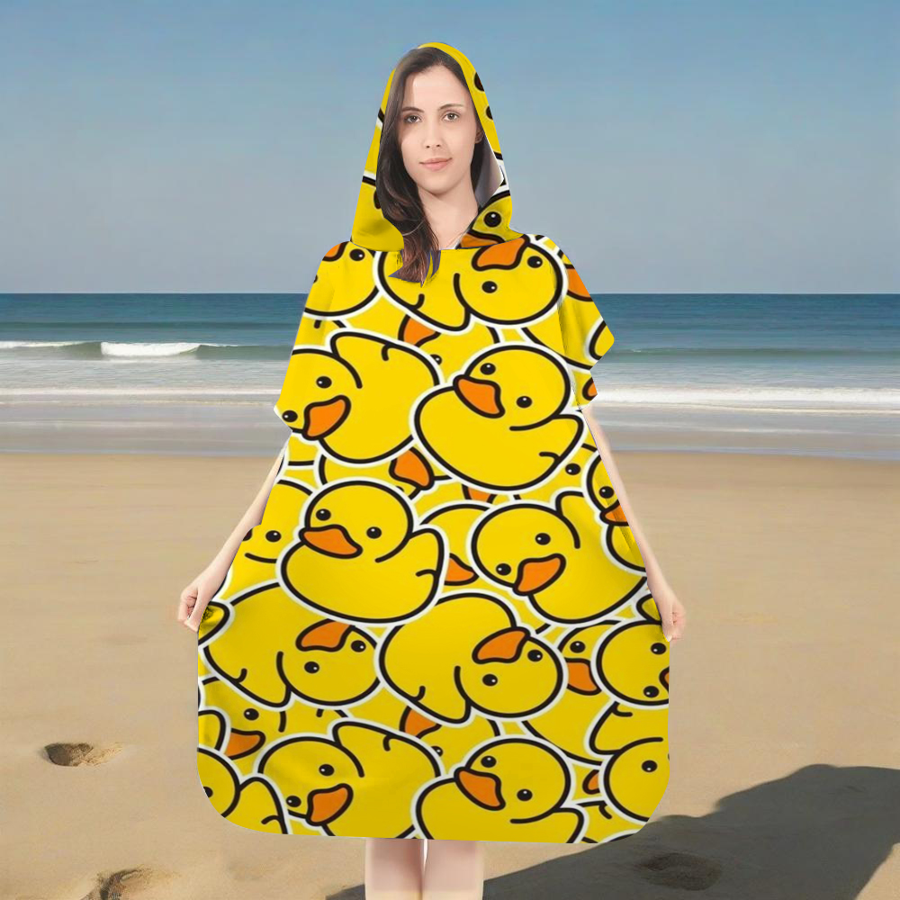Hooded Bath Towel - 귀여운 노란색 고무 오리 프린트 후드